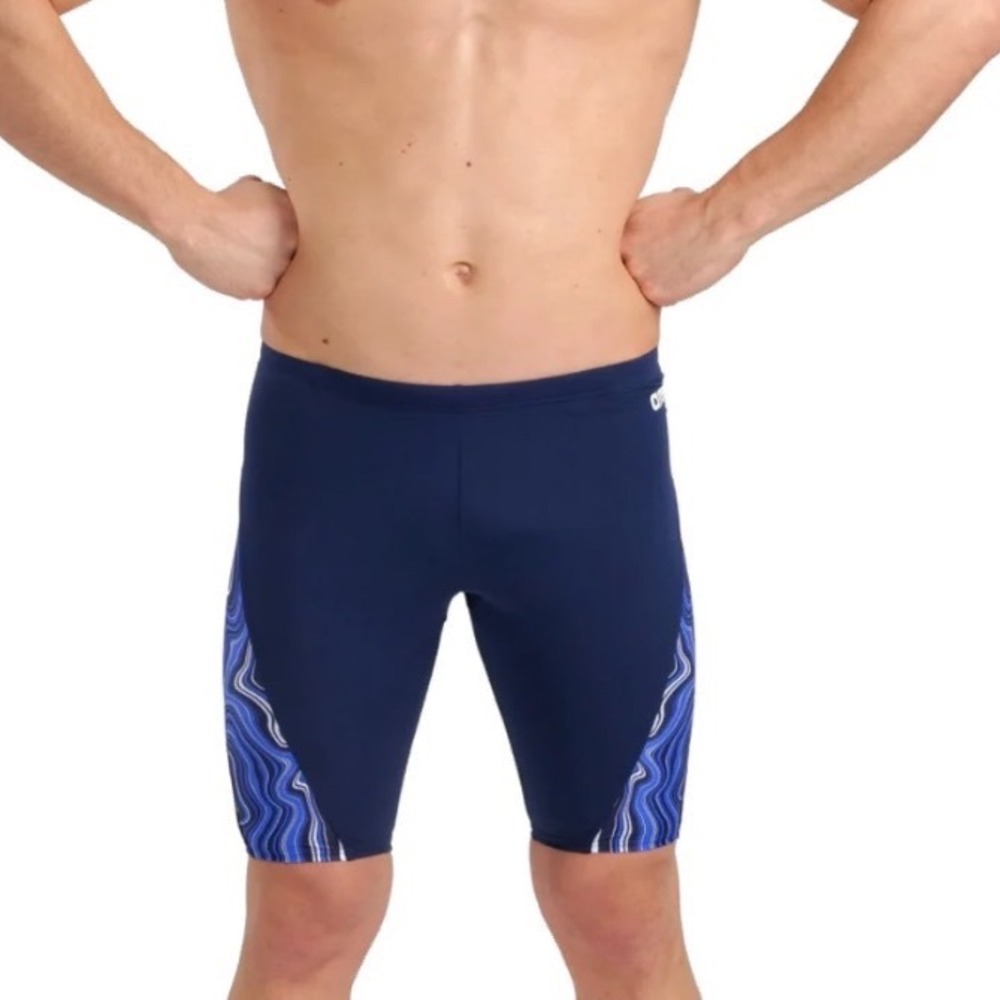 Arena Mens Sz 26 Marbled F Swim Jammer Navy Blue Wavy Print Waist Drawstring